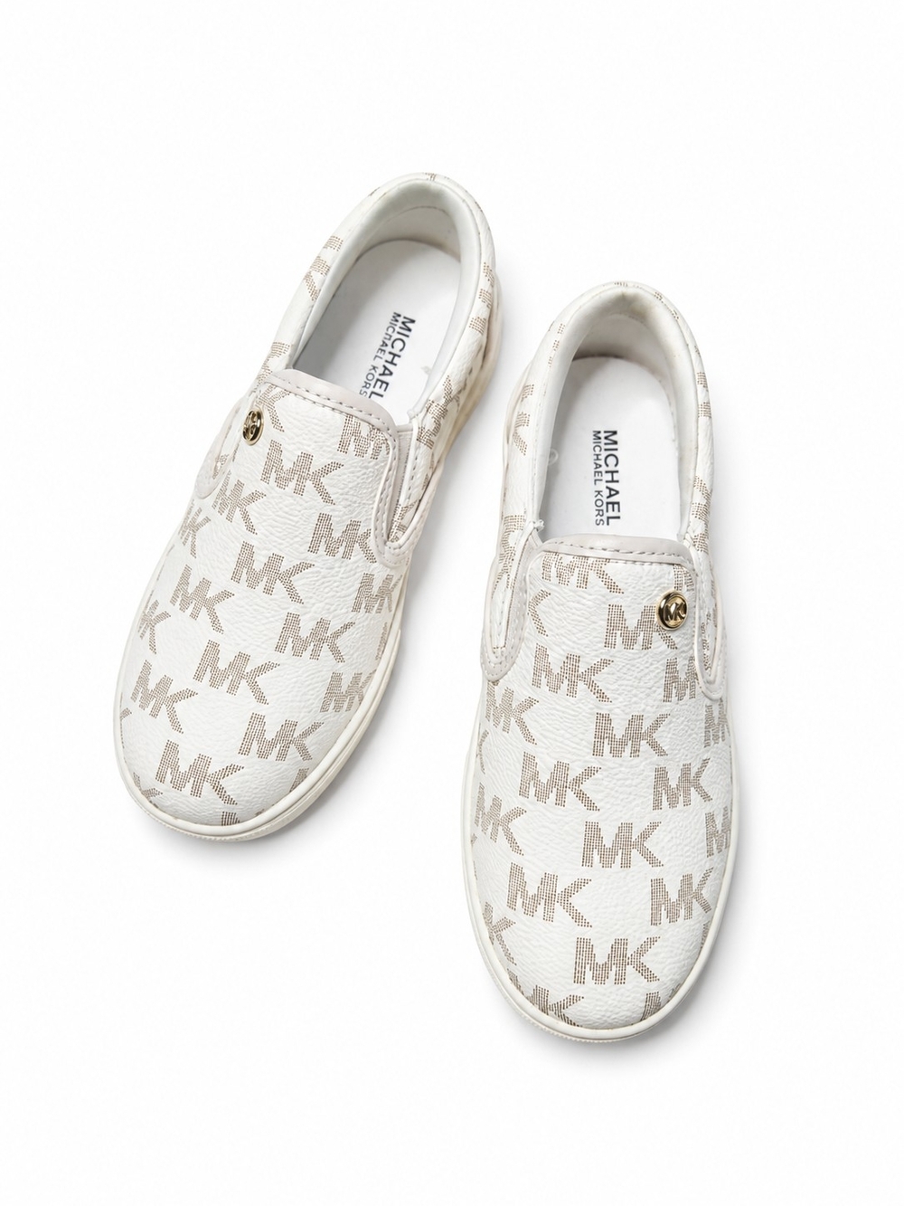 Michael Kors Girls' White & Beige MK Logo Slip-On Sneakers